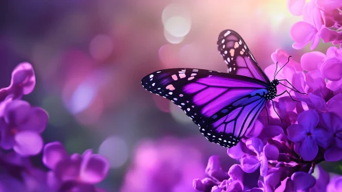 Vibrant purple butterfly resting on lilac blossoms in bokeh field.