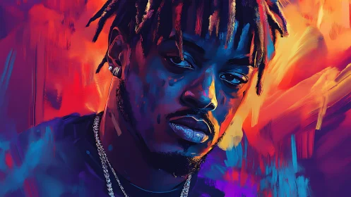 Neon-lit portrait of a brooding rapper in blazing colors.