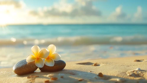 Plumeria blossoms rest on beach stones at tranquil sunset.