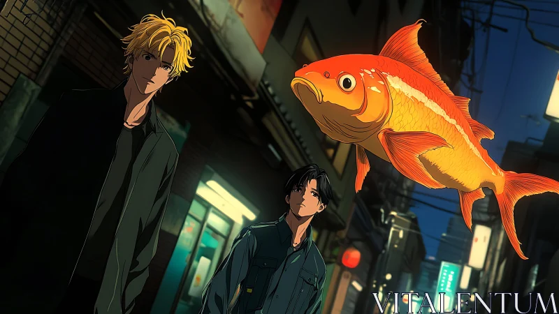 Night city wanderers and their quietly glowing giant fish.