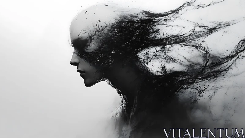 Abstract monochrome portrait dissolves into fluid ink streams