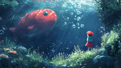 Girl stands underwater facing large red fish in light rays