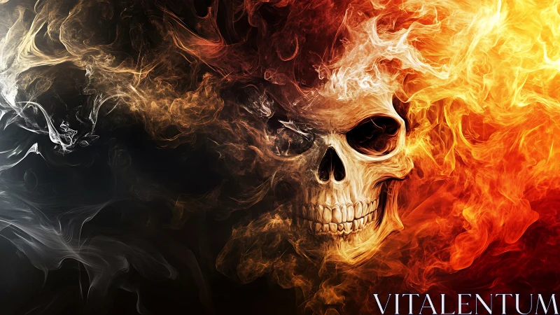 Flaming skull emerges through swirling smoke and shadow