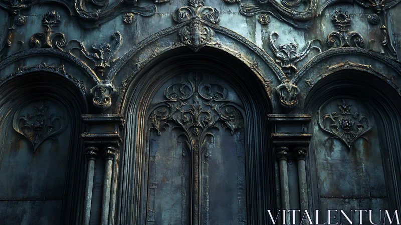 Gothic bronze doorway dreaming in oxidized twilight hush.