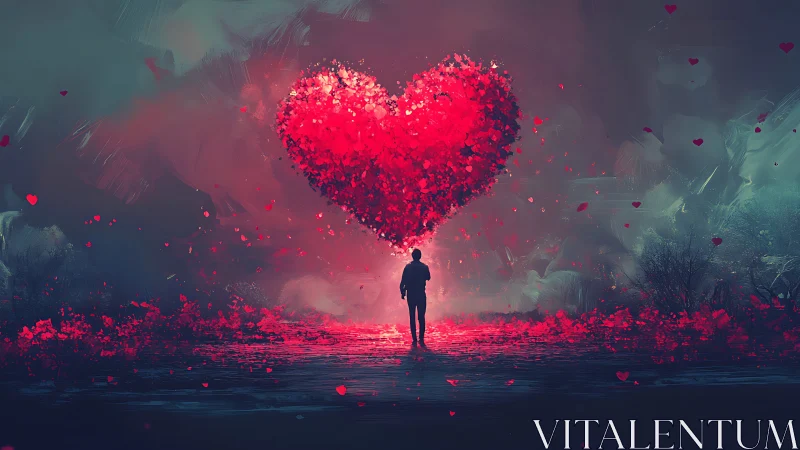 Solitary figure gazes upward at luminous heart constellation.