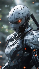 Armored humanoid cyborg stands in shallow depth of field scene