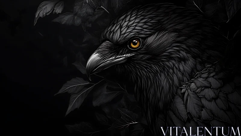Dark detailed raven portrait in dramatic monochrome illustration.