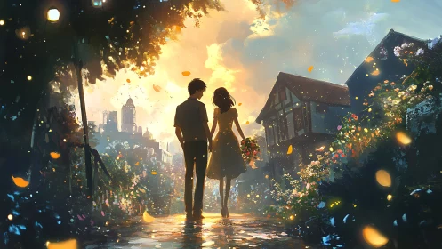 Sunlit village stroll with romantic couple and blooms.
