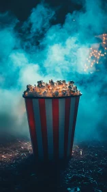 Cinematic popcorn bucket glows amid moody blue fog.