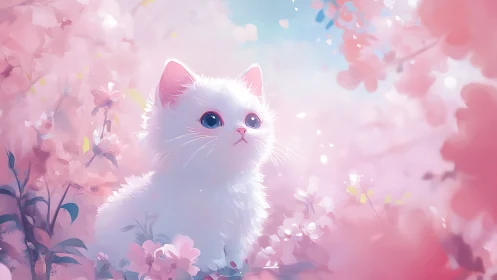 White Cat Among Blooming Flowers in Soft Pink Light