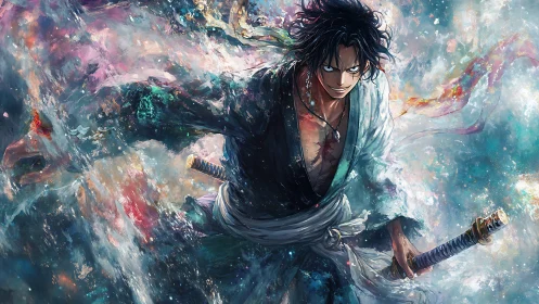 Dynamic swordsman in storm of swirling iridescent energy field