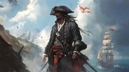 Bold pirate captain strolling a stormy cliffside shore.