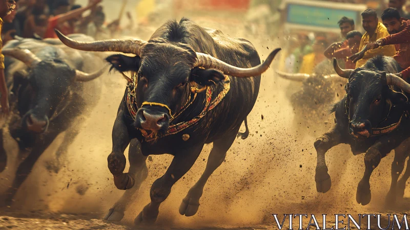 Charging bulls race through dusty street amid cheering crowd.