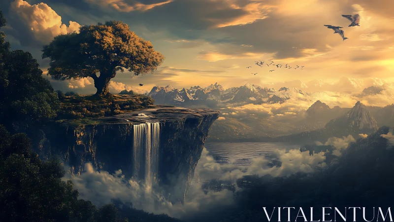 Floating cliff waterfall overlooks misty fantasy valley at dusk.