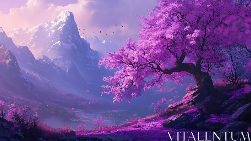 Vibrant pink blossom tree beside glowing mountain valley.