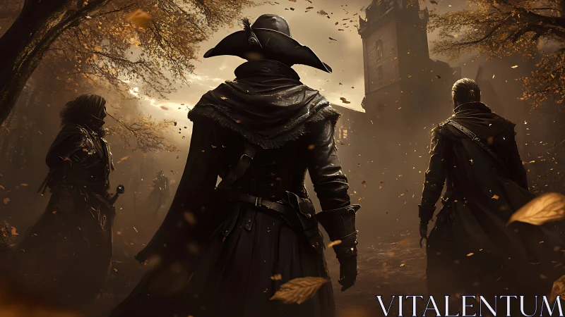 Cloaked hunters advance through volumetric fog toward ruined tower