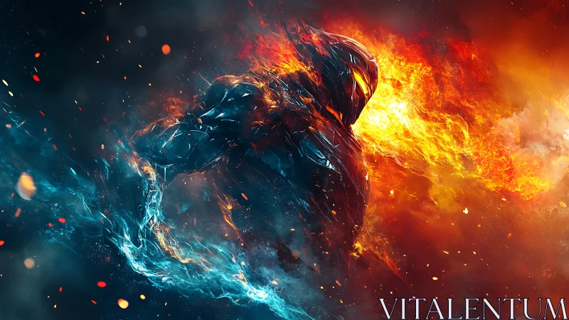 Elemental humanoid form in opposing fire and water fields.