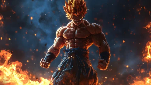 Digital painting of fiery warrior in cinematic battle stance.