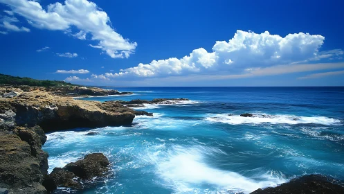 Rocky turquoise coastline under deep cobalt summer sky.