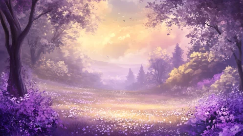 Dreamlike lavender meadow under glowing golden sunrise.