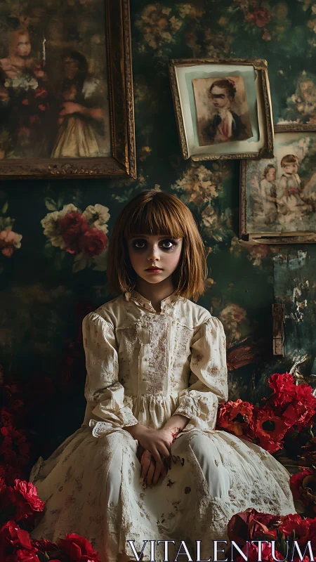 Girl in Vintage White Dress Against Floral Wallpaper and Framed Portraits