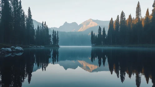 Mountain lake reflects dawn-lit pines and distant peaks