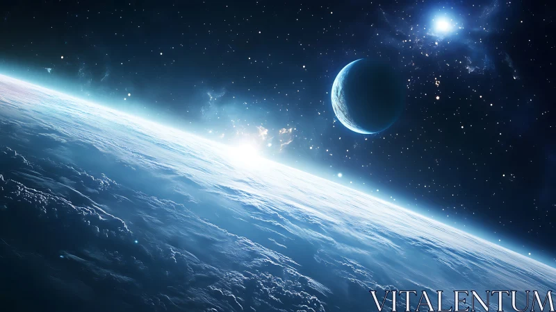 Digital painting of planetary horizon with luminous starfield.