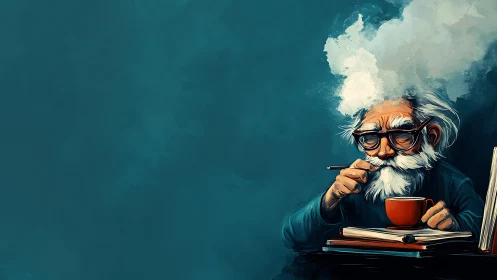 Stormcloud thinker sipping coffee in a teal silence.