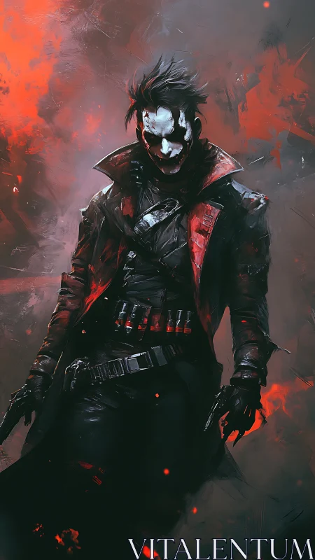 Masked antihero in red trench coat emerges from infernal haze