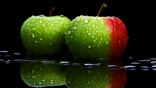 Dew-covered green apples glow against a reflective black pool.