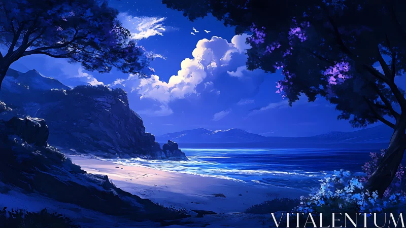 Moonlit cove reveals tranquil shoreline under deep blue sky