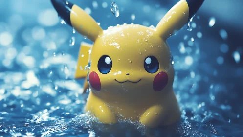 Playful yellow creature splashes in glowing blue rain