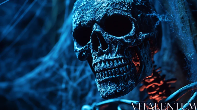 3D-rendered skeletal close-up in dramatic blue rim lighting.