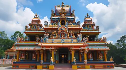 Polychromatic Dravidian gopuram facade in frontal elevation.