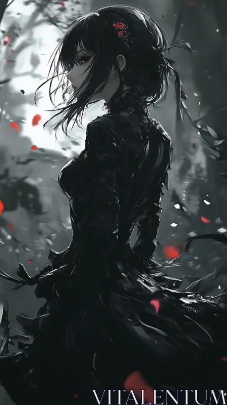 Gothic anime heroine in flowing black dress amid petals.
