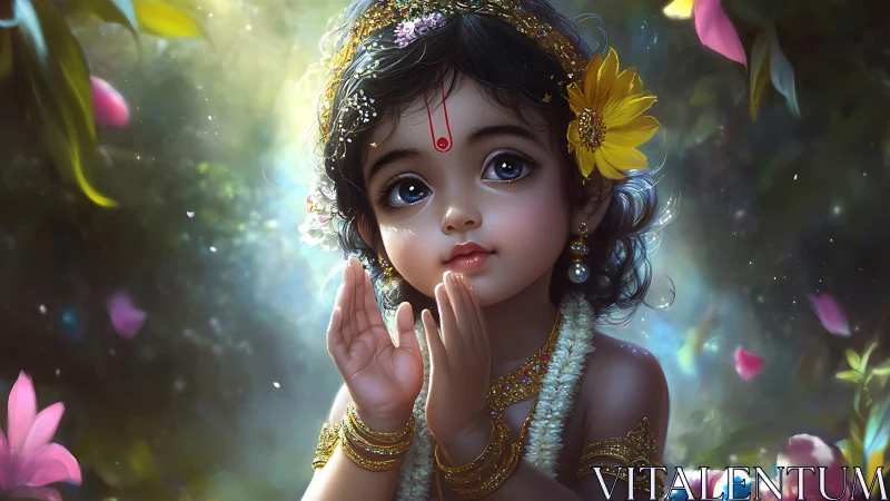 Divine child portrait with floral adornments in light.