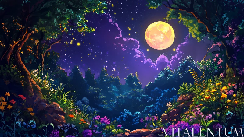 Moonlit forest clearing with dense flowers and starry sky.