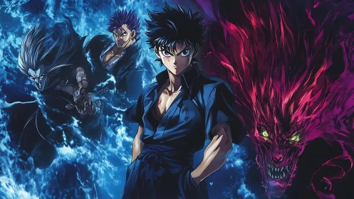 Triadic anime composition contrasts blue spectral warriors with red demon