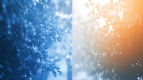 Leaves divided by blue and orange color gradient lighting