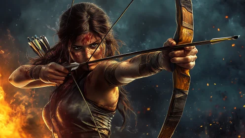 Battle-scarred archer draws bow amid roaring flames