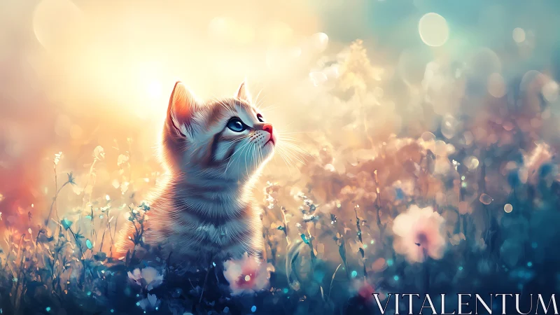 Kitten Gazing Heavenward Among Wildflowers.
