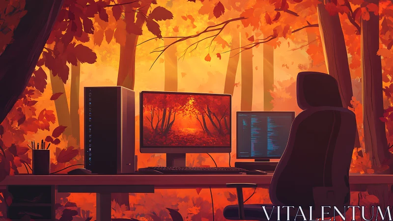 Autumn forest workspace glows around dual coding monitors.
