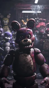 Rust-bitten animatronic bear stares down the haunted dark.