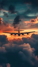 Four engine propeller aircraft silhouette cruising above clouds