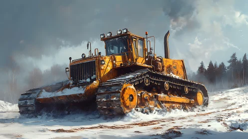Tracked diesel bulldozer navigating frozen worksite terrain.