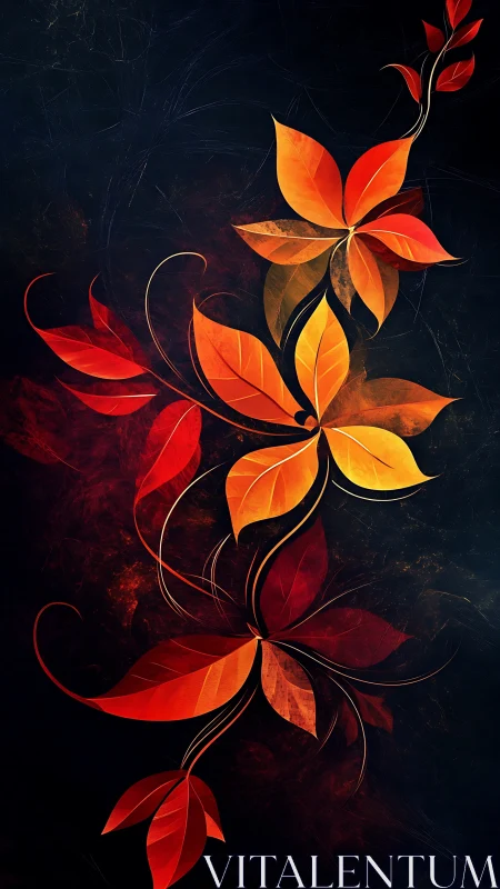 Flaming vine of abstract autumn leaves on obsidian night.