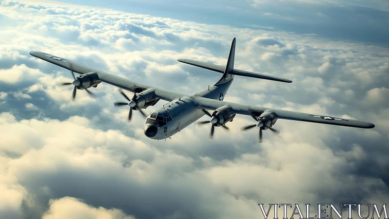 Military four‑engine propeller aircraft flies above clouds