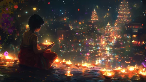 Girl by riverside diya lights under festival night sky.