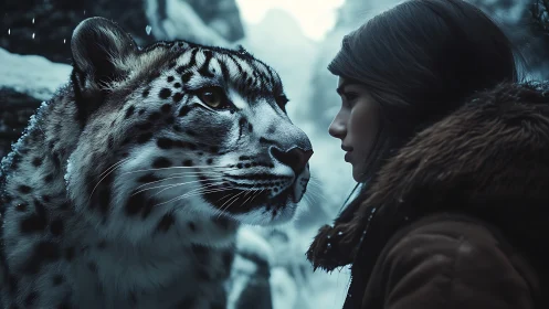 Snow Leopard and Woman in Alpine Encounter.
