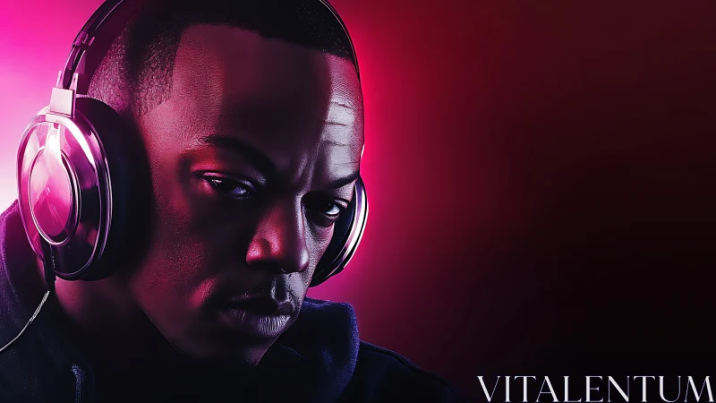 Studio portrait of focused listener under magenta rim lighting